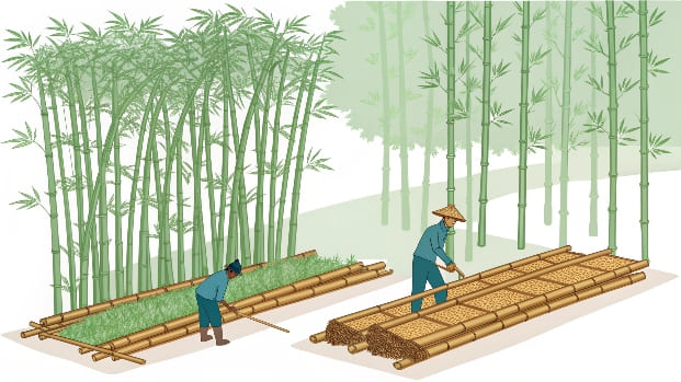 Harvested bamboo stalks drying in neat stacks
