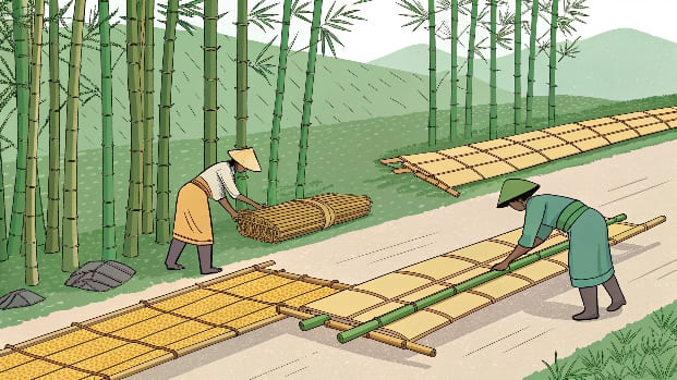 A diagram showing two paths from a bamboo stalk: one to a solid board, one to a spool of thread