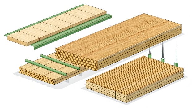 A cross-section of a laminated bamboo board showing the different layers and grains