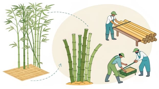 A factory scene showing bamboo culms being processed by machinery