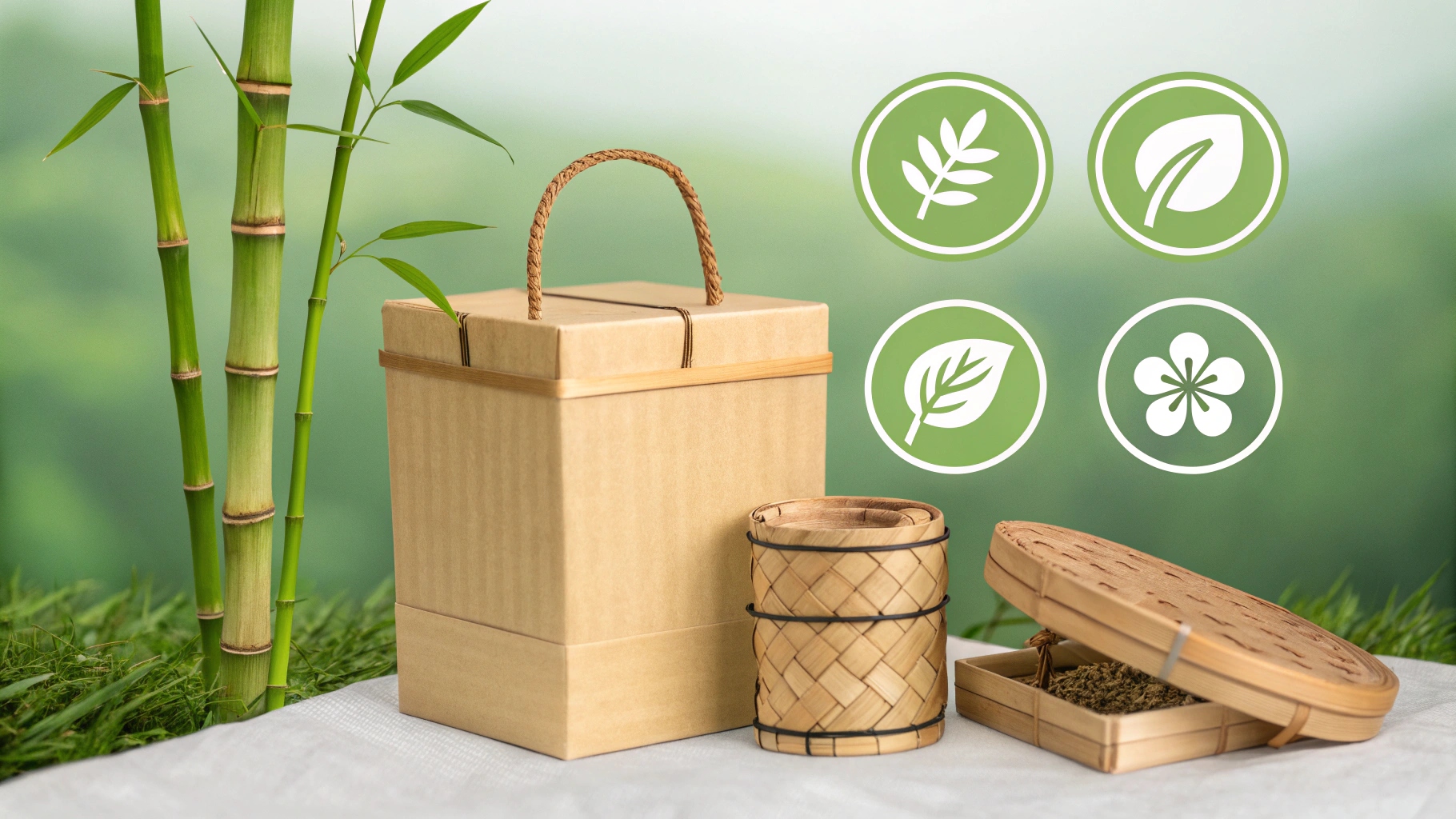An assortment of different bamboo packaging components on a clean background