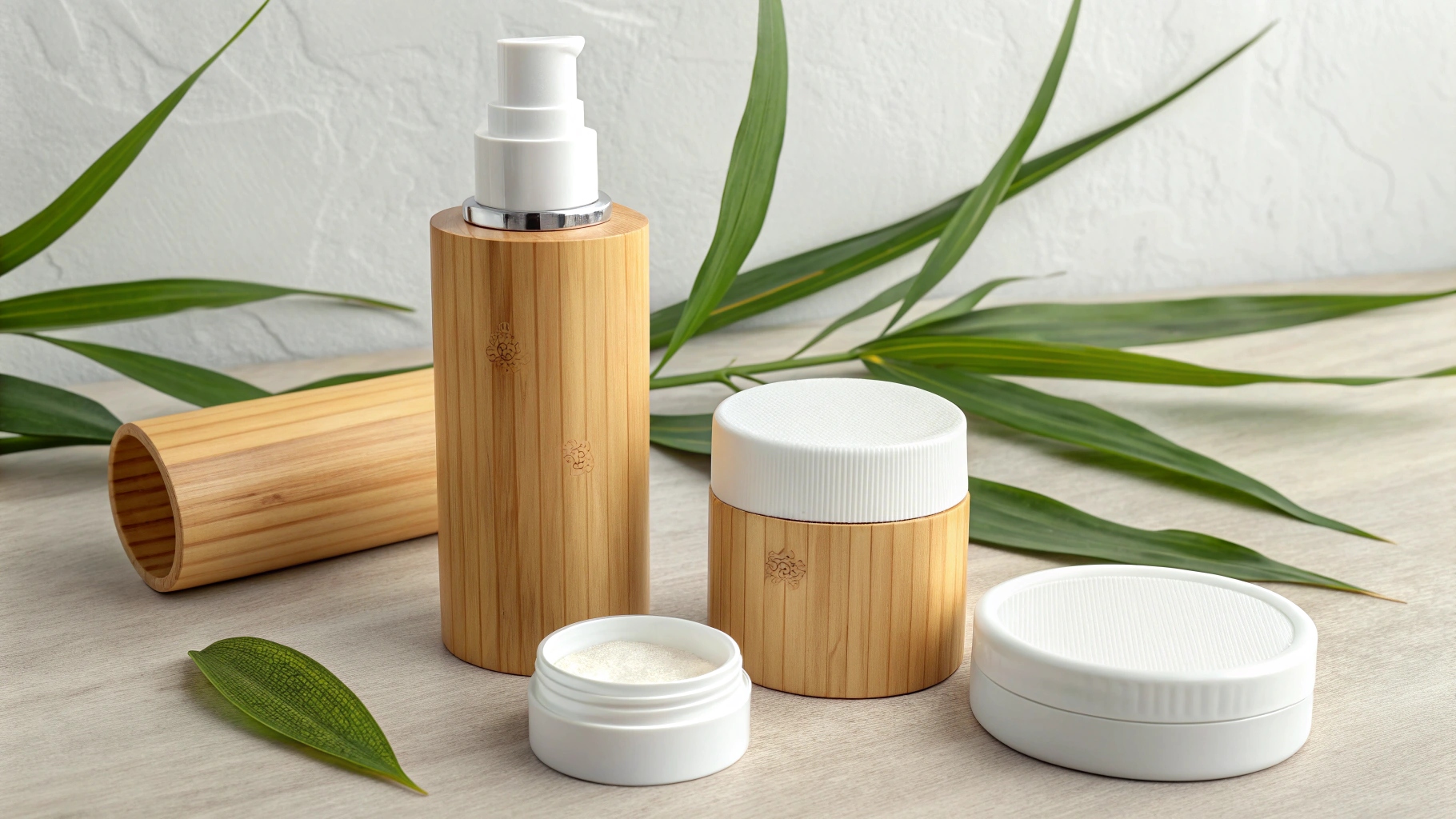 A close-up of a luxurious cosmetic bottle with a bamboo cap
