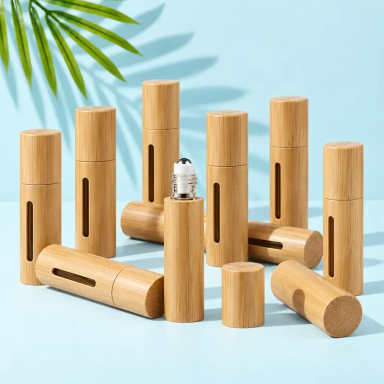 Unbranded bamboo roller bottles in assorted capped and open views