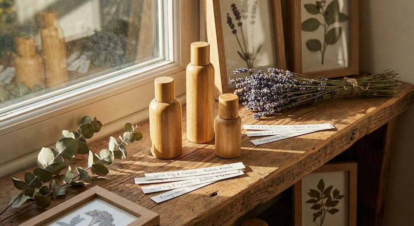 A collection of bamboo screw-neck perfume bottles displayed in a sunlit artisanal perfumer's studio