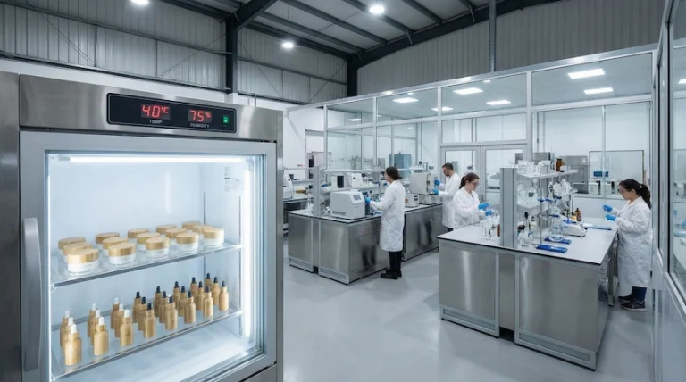 A professional cosmetic laboratory setting showing bamboo jars undergoing stability testing, with formulation equipment in the background.