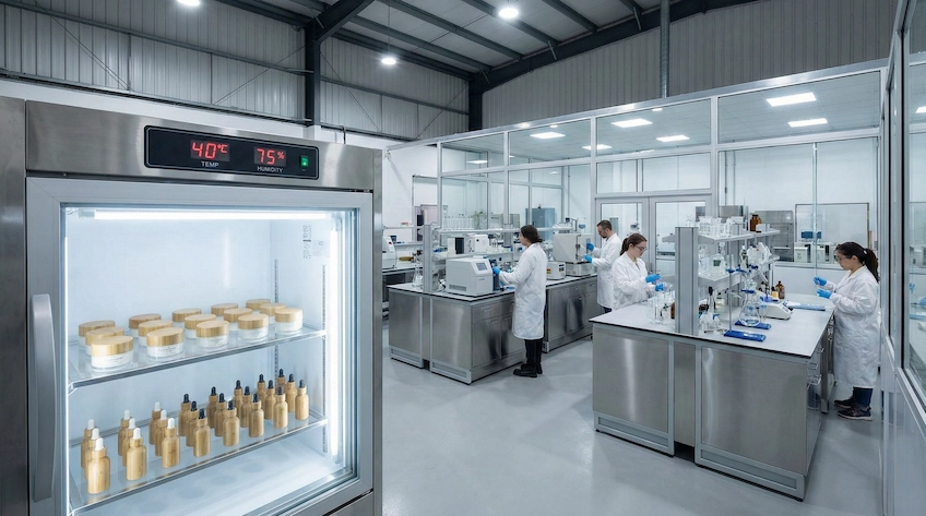 A professional cosmetic laboratory setting showing bamboo jars undergoing stability testing, with formulation equipment in the background.