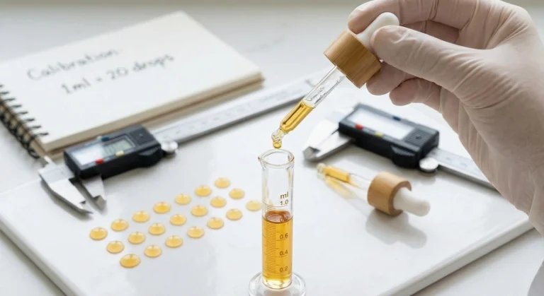 Lab technician calibrating a bamboo dropper pipette to ensure precise serum dosage (ml vs drops).