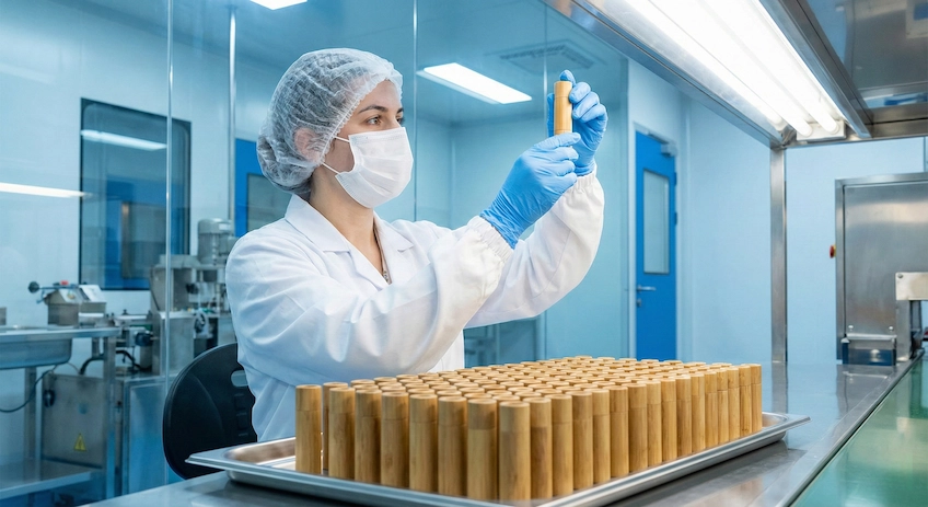 Professional lab technician inspecting a tray of bamboo lip balm tubes for hygiene quality control before filling.