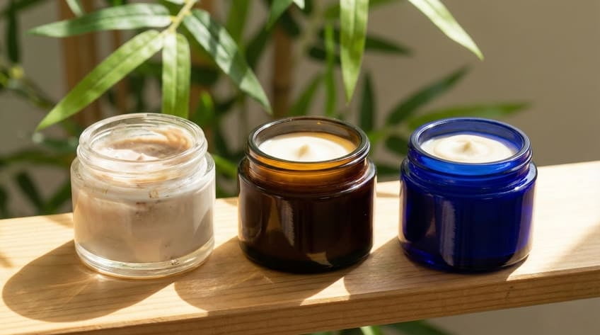 UV protection [cosmetic jar](https://infinityjars.com/blogs/news/clear-vs-colored-glass-which-offers-better-uv-protection?srsltid=AfmBOoqB6EX4LqOhNx0CmzGVbtM-dZBQZ0zKk99Jv2f4Frp-UAp3_WZ9)<sup id=