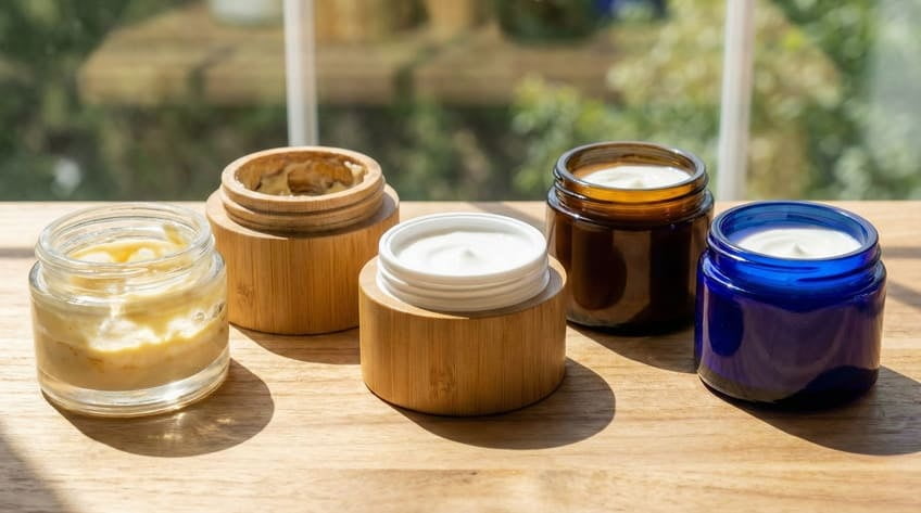 materials UV protection [cosmetic jar](https://infinityjars.com/blogs/news/clear-vs-colored-glass-which-offers-better-uv-protection?srsltid=AfmBOoqB6EX4LqOhNx0CmzGVbtM-dZBQZ0zKk99Jv2f4Frp-UAp3_WZ9)<sup id=