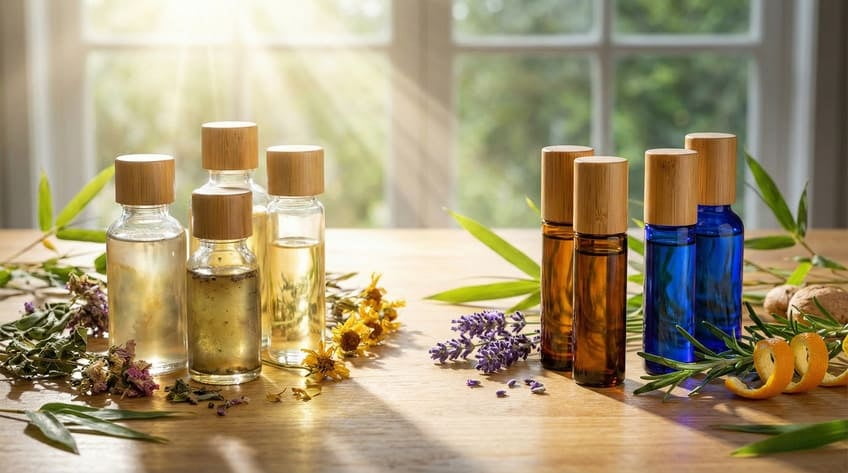 dark glass bottle storing essential oils