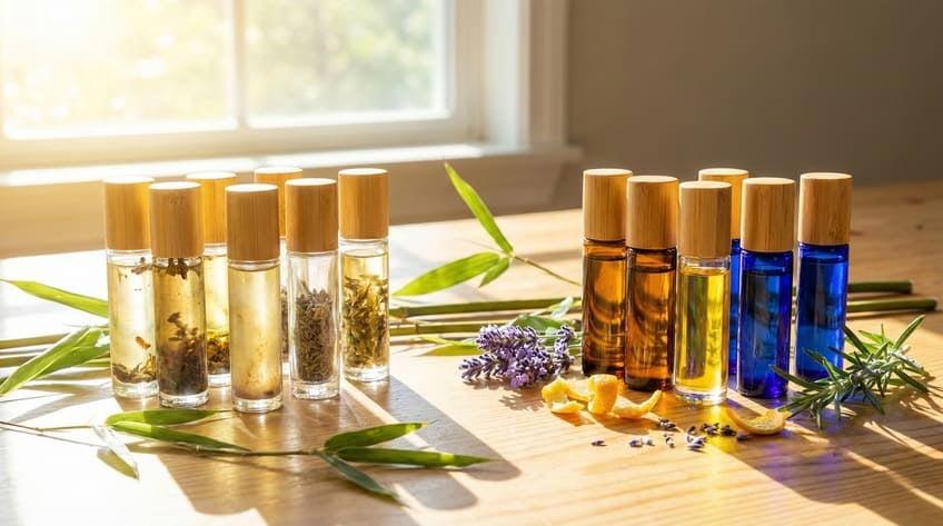 essential oils stored in dark bottles