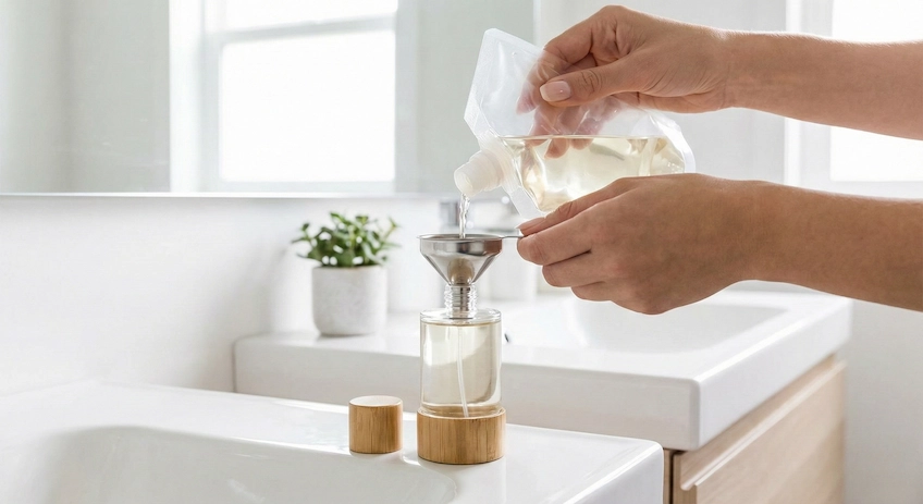 A consumer easily refilling a bamboo screw-neck perfume bottle using a funnel