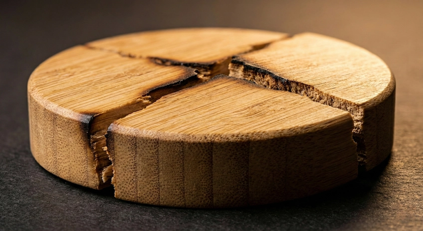 Close-up photo of a cracked and warped bamboo jar lid
