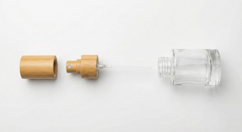 Deconstructed view of a perfume bottle showing separated bamboo cap, screw pump, glass bottle
