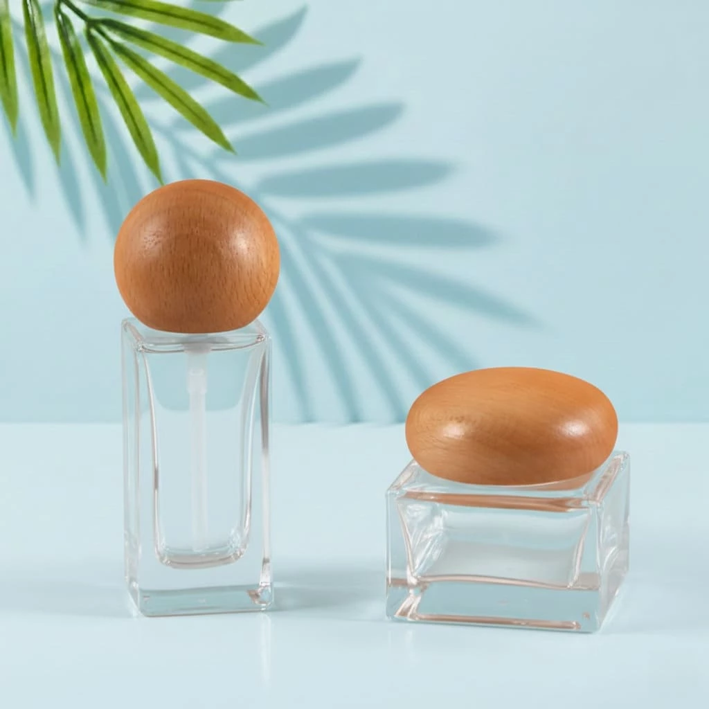Clear glass lotion bottle and matching cream jar with rounded natural wood closures on a light cyan tabletop beside visible green palm leaves