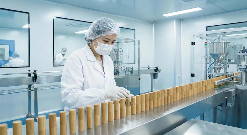 sanitizing bamboo lip balm tubes in lab
