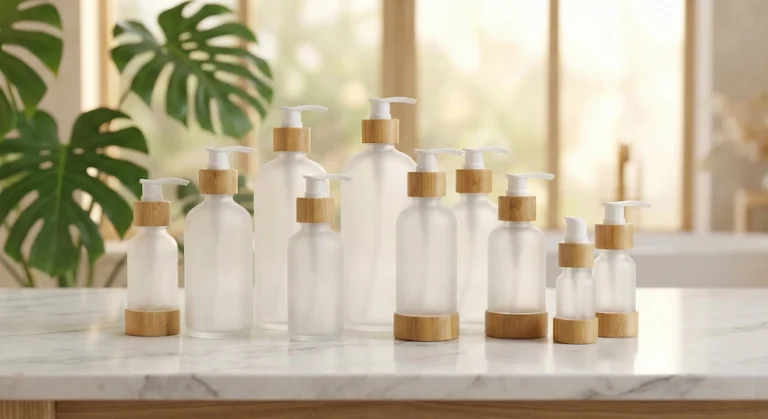 A curated collection of high-end frosted glass and bamboo lotion bottles displayed on a marble surface in a luxury spa setting.