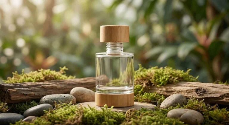 Luxurious refillable glass perfume bottle with a sustainable bamboo screw cap, showcased on a natural moss plinth.