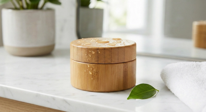 Luxury bamboo cream jar sitting on a wet marble vanity in a spa bathroom, demonstrating durability in humid environments.