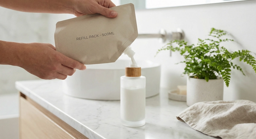 consumer filling bamboo lotion bottle from pouch