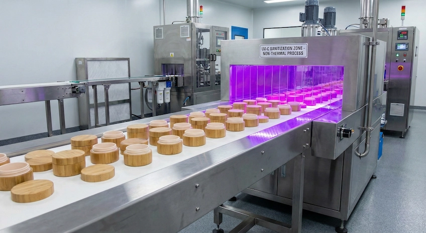 Bamboo cosmetic packaging components passing through a UV-C sterilization tunnel