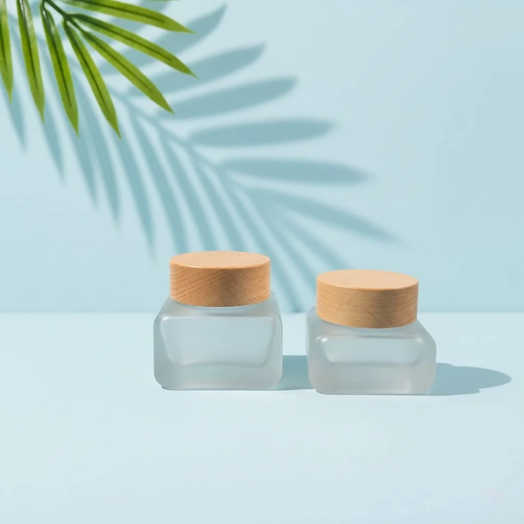 Wholesale Frosted Square Glass Bamboo Jar for Face Cream