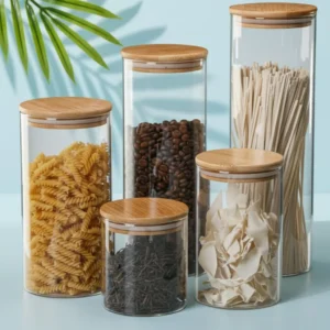 wholesale round glass food storage jar bamboo lid group view