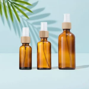 Wholesale Round Shoulder Amber Glass Bamboo Spray Bottle for Mist