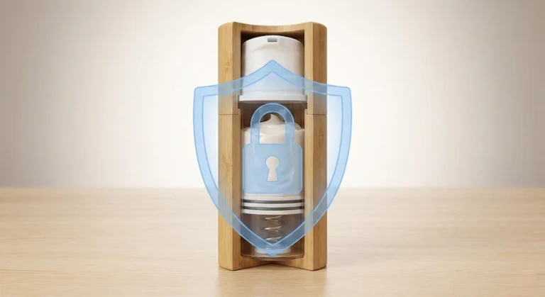 Cross-section of a bamboo airless pump bottle showing the piston mechanism that eliminates air contact and protects organic skincare formulas.