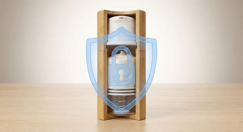 Cross-section of a bamboo airless pump bottle showing the piston mechanism that eliminates air contact and protects organic skincare formulas.