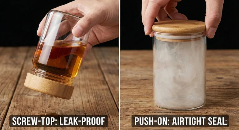 Visual demonstration of leak-proof screw-top bamboo lids versus airtight push-on bamboo lids with silicone seals.
