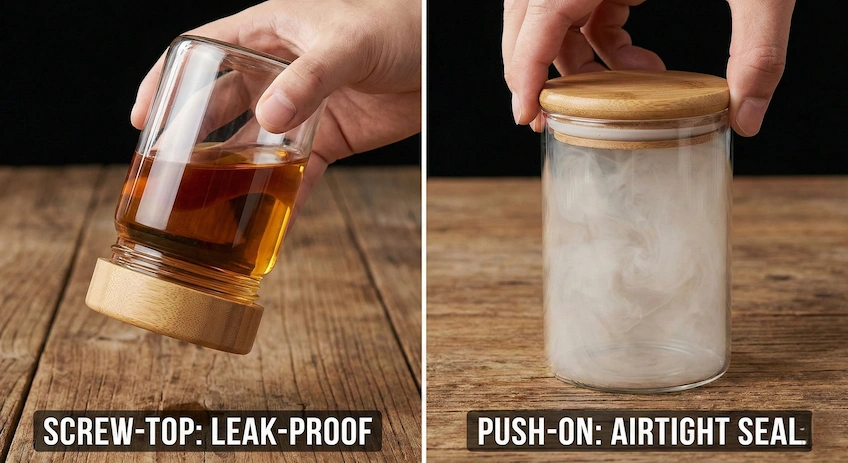 Visual demonstration of leak-proof screw-top bamboo lids versus airtight push-on bamboo lids with silicone seals.