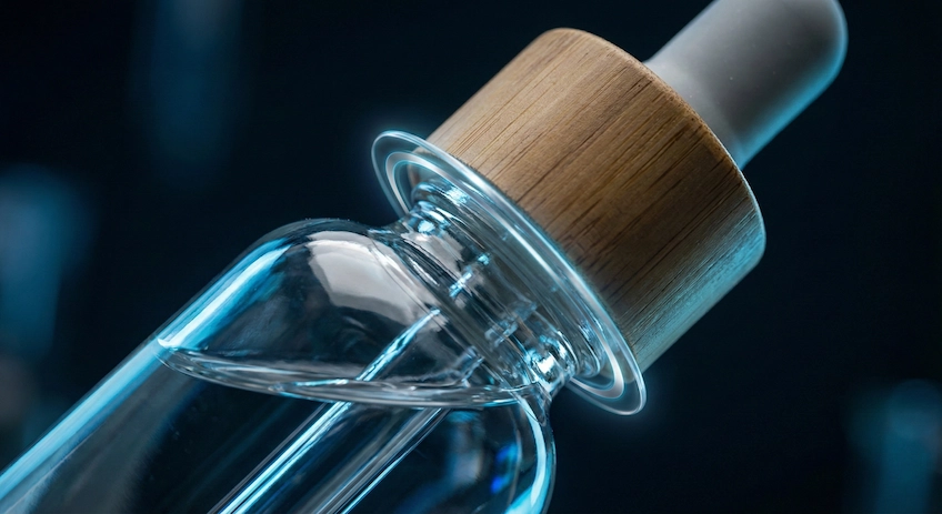 Macro view of a glass dropper bottle sealing mechanism ensuring airtight protection for serums.