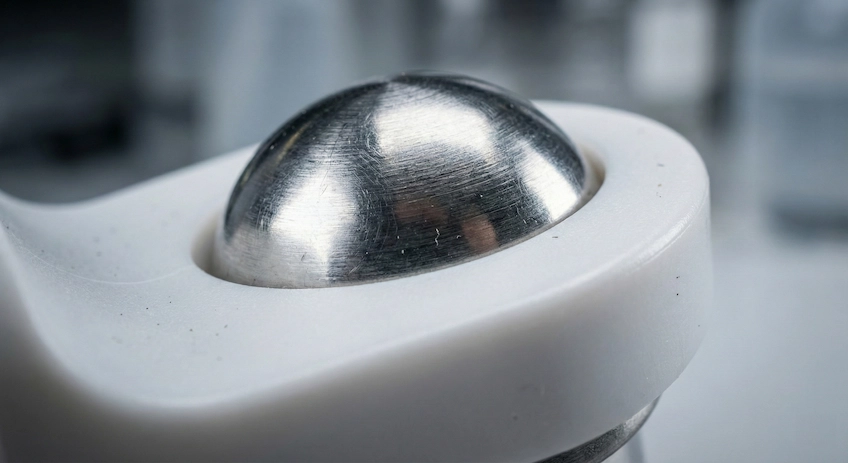 extreme macro shot of a stainless steel roller ball mechanism showing airtight fitment