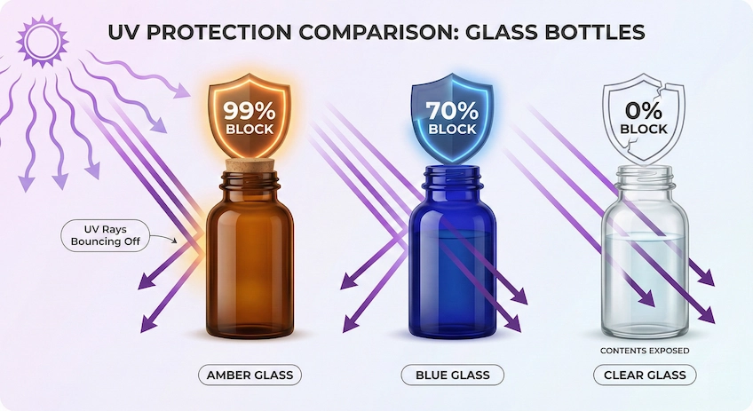 amber cobalt blue clear glass uv protection comparison