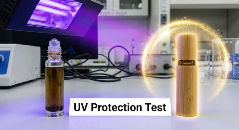 Comparison of essential oil stability in clear glass versus amber glass bamboo roller bottles under UV light.
