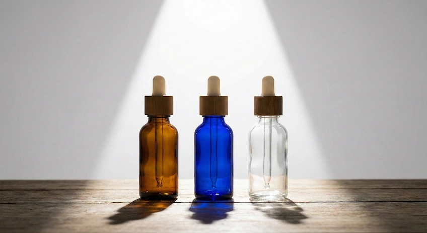 Visual comparison of light transmission through Amber, Cobalt Blue, and Clear glass bottles to demonstrate UV protection levels.
