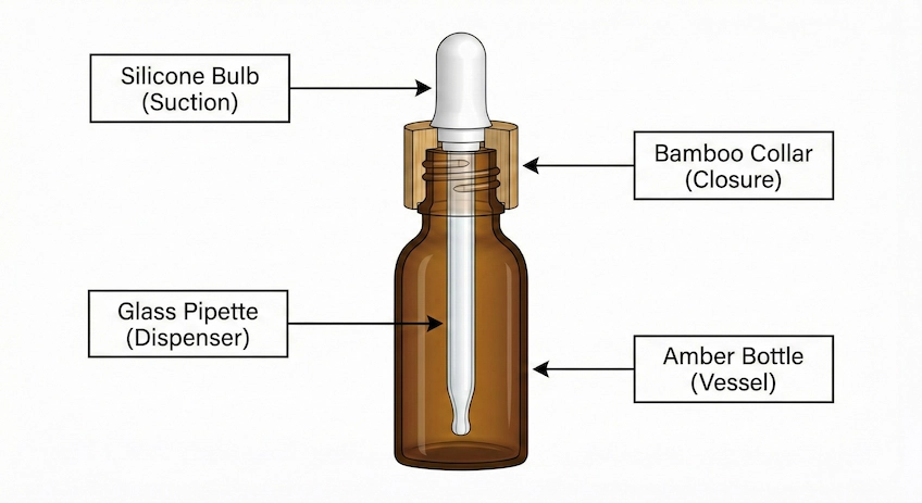 anatomy of a bamboo glass dropper bottle