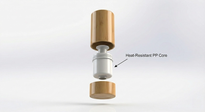 Exploded view of a bamboo airless bottle showing the PP inner tank structure