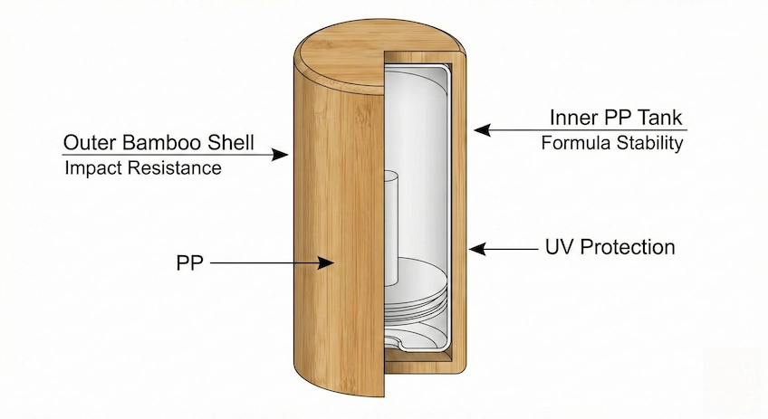 Bamboo airless bottle with internal structure showing formula protection