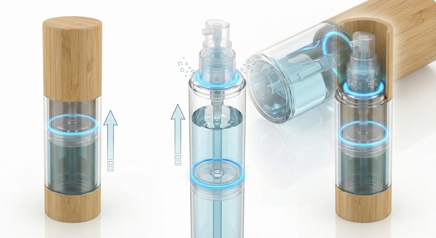 Bamboo airless bottle mechanism showing vacuum pump system