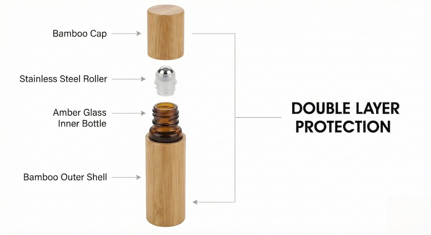 bamboo shell amber glass roller bottle structure