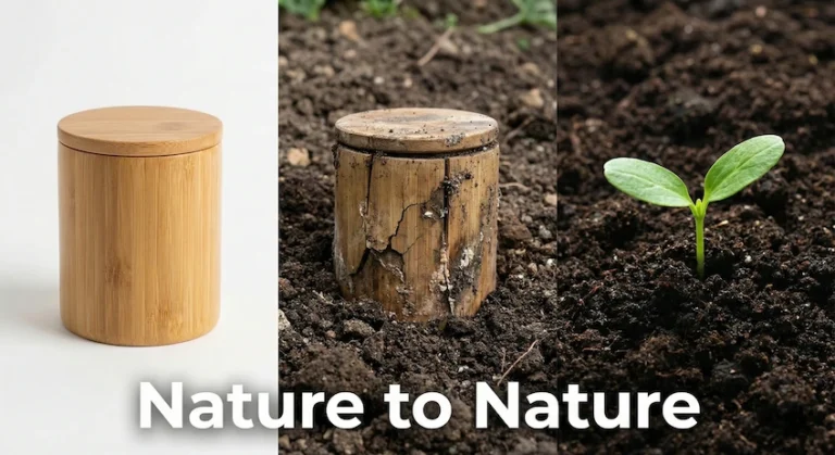 A visual timeline showing a bamboo cosmetic jar decomposing into soil, illustrating the 100% biodegradability of natural bamboo packaging.