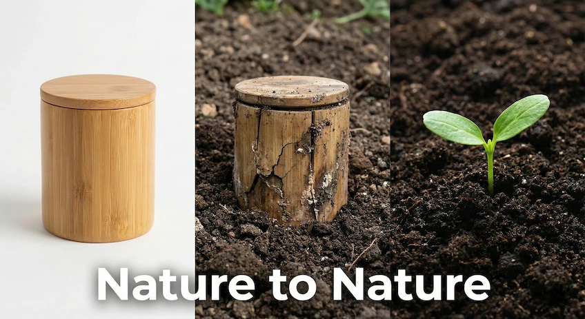 A visual timeline showing a bamboo cosmetic jar decomposing into soil, illustrating the 100% biodegradability of natural bamboo packaging.
