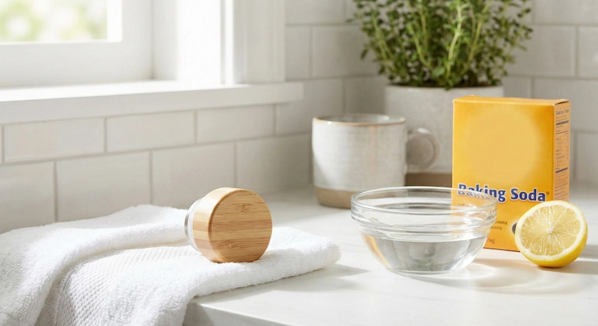 Essential cleaning supplies for bamboo bottles: vinegar, baking soda, and lemon arranged next to a bamboo screw cap.