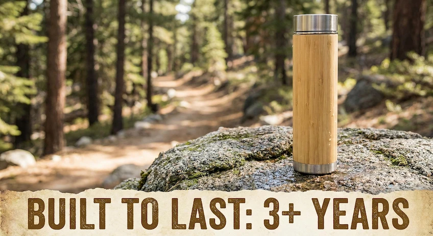 A durable bamboo water bottle shown in a rugged outdoor environment, symbolizing longevity and strength.
