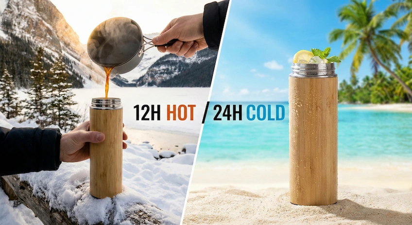 Graph comparing the heat retention performance of double-wall vacuum bamboo bottles versus standard single-wall bottles.