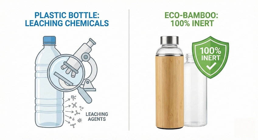 Visual comparison of leaching risks in plastic bottles versus the chemically inert safety of glass-lined bamboo bottles.