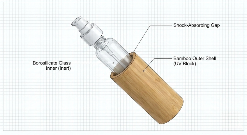bamboo clad glass lotion bottle structure